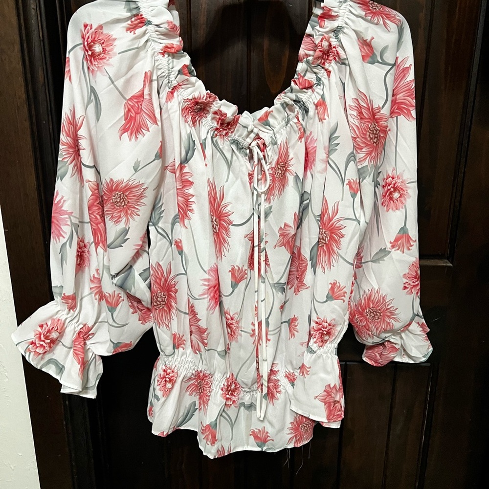 Pink and White Ruffled Blouse with Flutter Sleeves